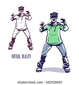 Man wearing virtual reality goggles, sketch style, vector illustration, happy
