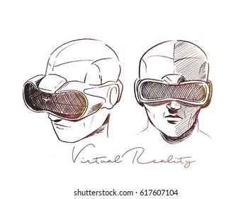 Man wearing virtual reality goggles, Hand Drawn Sketch Vector illustration.