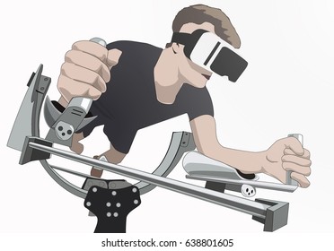 Man Wearing Virtual Reality Goggles Doing Virtual Reality Flying Workout. Futuristic Design Technology Innovation Flying Fitness Machine VR Concept Illustration Vector.
