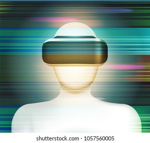 Man wearing a virtual reality headset. Abstract vr concept. Vector illustration. Virtual reality world and simulation with colorful lines.