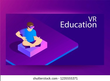 Man wearing virtual reality headset. VR Education concept. Vector isometric banner /flyer template
