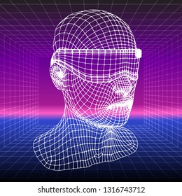 Man wearing virtual reality headset. Abstract vr-world 80s Retro Sci-Fi Background
