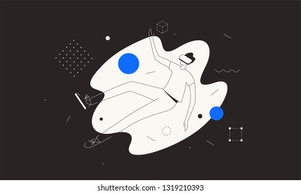 Man wearing virtual reality headset and  flies in abstract space. VR experience. Trendy vector illustration