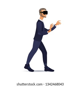 Man wearing virtual reality headset walking and touching vr interface in flat gradient style. Isolated male character using computer technology simulator of real environment in vector illustration.