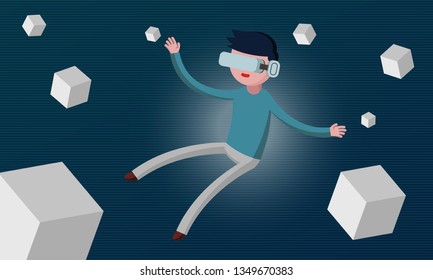 Man Wearing Virtual Reality Headset Playing with Abstract Cube Objects