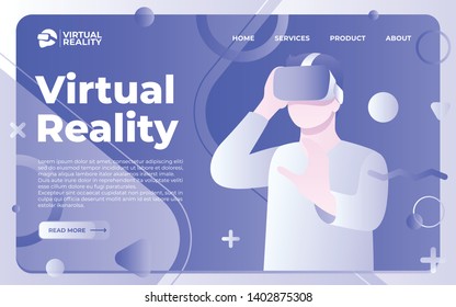 Man Wearing Virtual Reality Headset. VR Agumented Reality Concept Illustration. Landing Page Vector - EPS