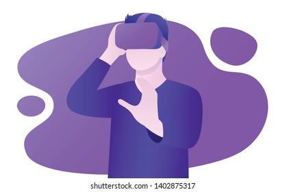 Man Wearing Virtual Reality Headset. VR Agumented Reality Concept Illustration. Landing Page Vector - EPS