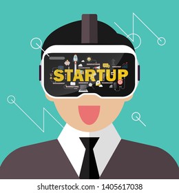 Man wearing virtual reality headset Startup concept. Vector illustration
