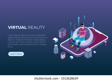 man wearing virtual reality headset in 3d isometric illustration style
