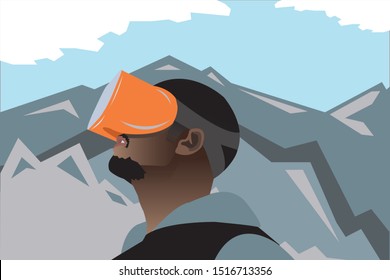 Man wearing virtual reality headset goggles in and seeing a mountain landscape