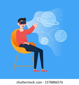 Man wearing virtual reality headset with space objects simulation