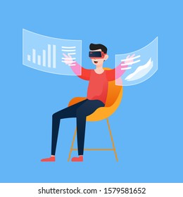 Man wearing virtual reality headset with virtual screens