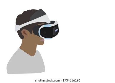 Man wearing virtual reality headset. Abstract vr world. Vector flat illustration isolated on white background. Space for text. Copy paste.