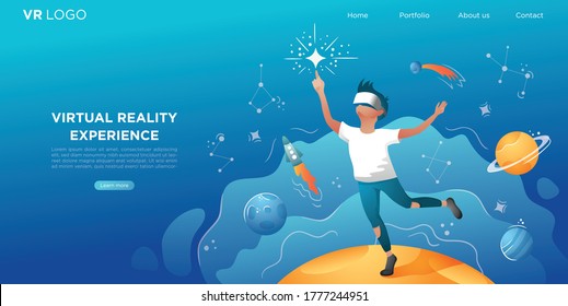 Man wearing virtual reality headset. Looking at outer space, cosmos with planets and rockets and touching the star. Vector banner for web site with button and space for text. 