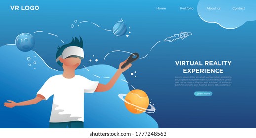 Mann mit einem Headset für virtuelle Realität. Schauen Sie sich den Weltraum an, kochen Sie mit Planeten, Raketen, halten Sie den Regler. Vektorbanner für Web-Site, Landing-Seite mit Button und Platz für Text. 