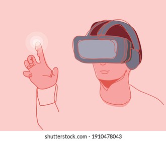 A man is wearing a virtual reality headset and looks at an abstract sphere. Vector illustration