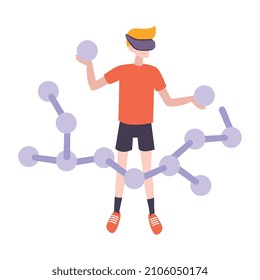 Man wearing virtual reality headset making molecular model flat icon vector illustration