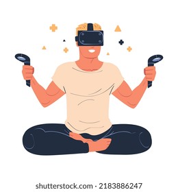Man Wearing Virtual Reality Headset Immersed in Abstract VR World Vector Illustration