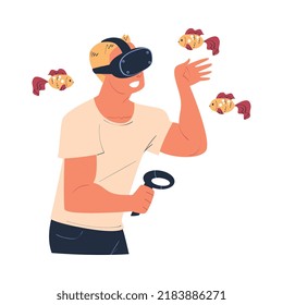 Man Wearing Virtual Reality Headset Among Fish Immersed in Abstract VR World Vector Illustration