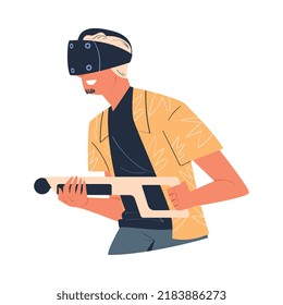 Mann mit Virtual Reality-Headset-Shooting mit Waffen, die in einer abstrakten VR-Vektorgrafik eingetaucht sind