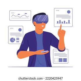 Man Wearing Virtual Reality Headset to Watching Infographic Chart