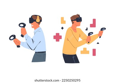 Mann mit Virtual Reality-Headset, eingebettet in abstraktes VR-World-Vektorset