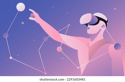 Man wearing virtual reality headset and reaches out with his hand to an abstract sphere. Vector illustration.