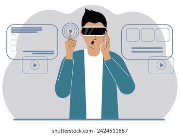 Un hombre con un auricular de realidad virtual estudia, trabaja, juega y trabaja.