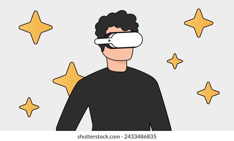 Hombre que lleva auriculares de realidad virtual con estrellas de calificación