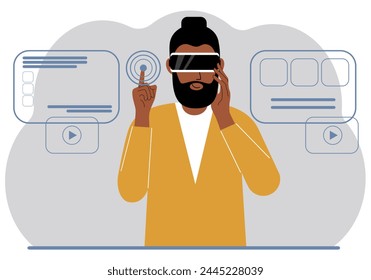 A man wearing a virtual reality headset studies, works, plays and works. Vector flat illustration