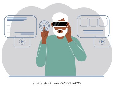 A man wearing a virtual reality headset studies, works, plays and works. Vector flat illustration