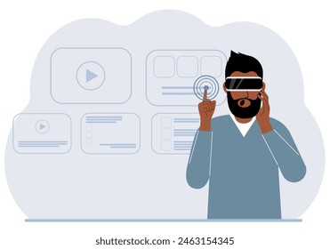 A man wearing a virtual reality headset studies, works, plays and works. Vector flat illustration