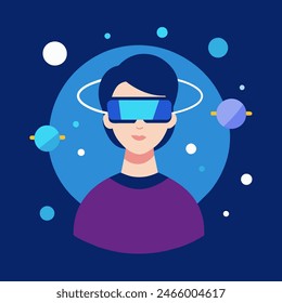 A man wearing a virtual reality headset is among various planets