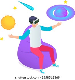 Man wearing virtual reality headset is sitting on beanbag chair and exploring metaverse, experiencing immersive planets, stars, and comet, enjoying interactive virtual world