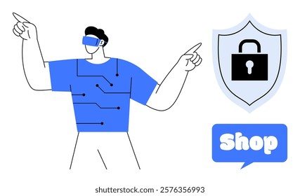 Man wearing virtual reality headset points at technology-themed shield and shop icon. Ideal for technology, e-commerce, cybersecurity, virtual reality, and online shopping. Clean and modern style