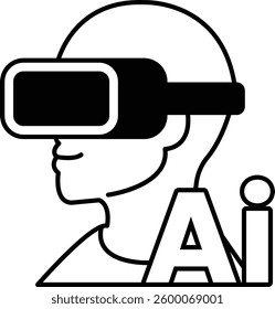 A man wearing a virtual reality headset with the letters AI on his head In black and white line style