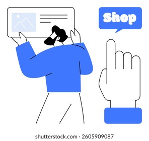 Man wearing a virtual reality headset holding a picture next to an enlarged hand pointing to a Shop button. Ideal for virtual reality, e-commerce, technology, digital marketing, modern design