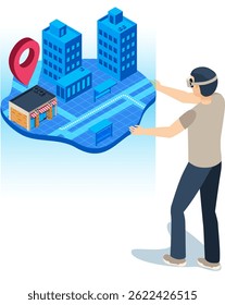 Man wearing a virtual reality headset interacts with a holographic 3D map displaying location pins, buildings, streets, and bus stops, illustrating augmented reality and smart city navigation