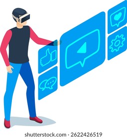 Hombre con auriculares de realidad virtual interactuando con íconos de redes sociales como Botón de juego, pulgares para arriba, corazón, chat y Configuraciones, representando el marketing de redes sociales en metaverso