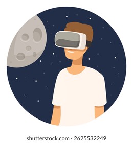 Man is wearing virtual reality headset and exploring metaverse with moon background