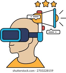 Um homem usando um fone de ouvido de realidade virtual com um alto-falante grande na cabeça. Conceito de excitação e aventura, como se o homem estivesse prestes a embarcar em uma emocionante jornada virtual
