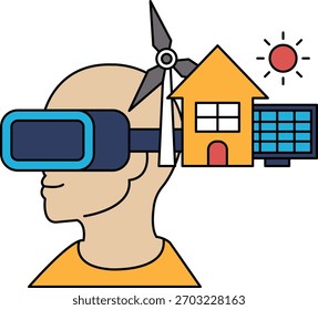 Un hombre con un casco de realidad virtual con una turbina de viento en la cabeza. La Imagen trata sobre el futuro de las energías renovables y la importancia de una vida sostenible