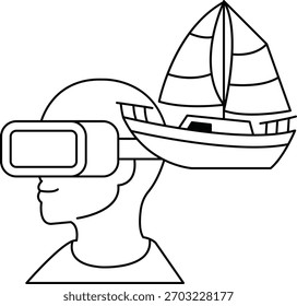 A man wearing a virtual reality headset is looking at a boat. The boat is small and white