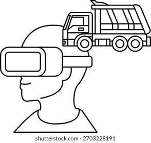 Un hombre con un casco de realidad virtual está mirando un camión. El camión es Grande y tiene un basurero