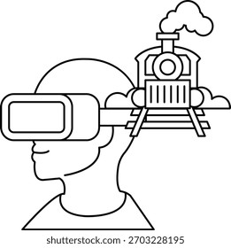 A man wearing a virtual reality headset is looking at a train. The train is on the right side of the image
