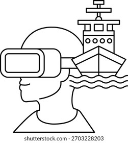 Un hombre con un casco de realidad virtual está mirando un barco. El bote está en el agua y tiene una Grande ventana