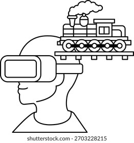 A man wearing a virtual reality headset is looking at a train. The train is on top of his head