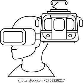 Um homem usando um fone de ouvido de realidade virtual está olhando para o trem. O trem está em uma pista e é cercado por um fundo branco. Conceito de excitação e aventura