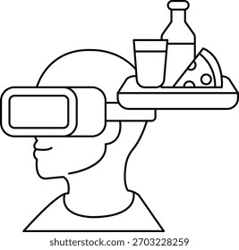 Un hombre con auriculares de realidad virtual sostiene una bandeja con una pizza, una botella y una taza