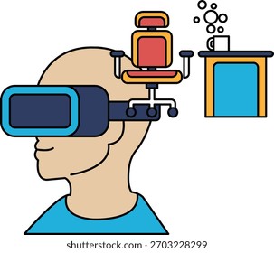 A man wearing a virtual reality headset is sitting in front of a desk with a chair. The chair is empty and the desk has a cup and a mouse